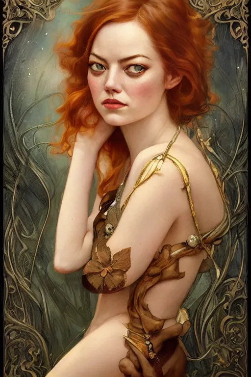 Image similar to Emma Stone by Tom Bagshaw in the style of Gaston Bussière, art nouveau