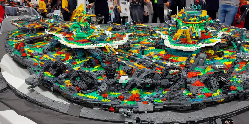 Image similar to wide shot lens photo of a very intricately detailed and epically shaped 3. 5 meter long hovercraft the nebuchadnezzar from the matrix attacked by squid sentinels lego sculpture designed by a master builder as displayed at a lego convention, low angle shot.