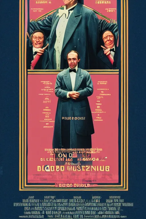 Image similar to a movie poster for the film the shining in the style of the grand budapest hotel featuring one grinning jack nicholson and blood gushing from an elevator.