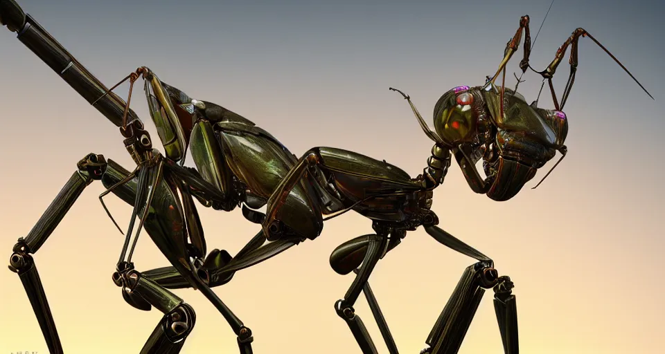 Prompt: praying mantis robot, hyperdetailed, close up, artstation, cgsociety, golden hour 8k