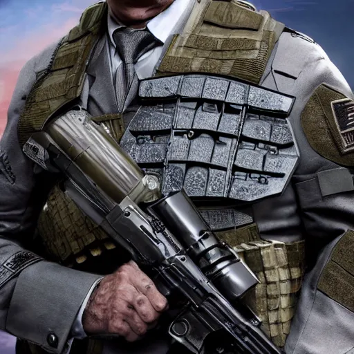 Prompt: Saul Goodman wearing heavy military gear and holding a bulletproof shield, highly detailed, 4k