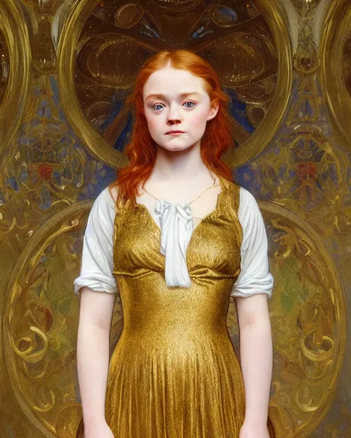 Prompt: realistic oil painting of sadie sink or redheaded saoirse ronan wearing a reflective gold club dress, highly detailed, intricate, elegant, digital painting, smooth, sharp focus, illustration, ultra realistic, 8 k, by bouguereau, alphonse mucha, artgerm, and donato giancola