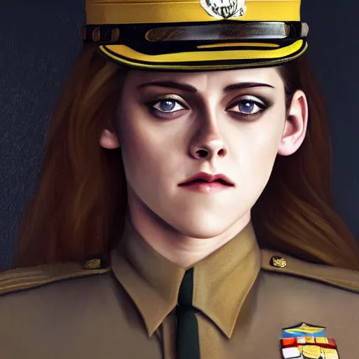 Prompt: Render of Kristen Stewart as Honor Harrington wearing an officer's uniform, cute 3d, long brown hair, brown eyes, soft smile, 4k oil on linen by wlop, artgerm, andrei riabovitchev, nuri iyem, james gurney, james jean, greg rutkowski, highly detailed, soft lighting 8k resolution, aboard a starship, medium shot, mid-shot, trending on Artstation, Unreal Engine 4k