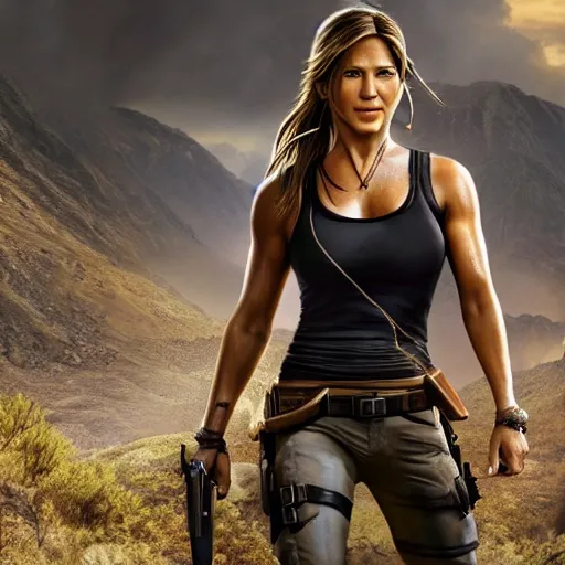 Prompt: jennifer Aniston as lara croft, realistic, 8k resolution, hyperdetailed, highly detailed, real life, studio lighting, high quality, dramatic shot,