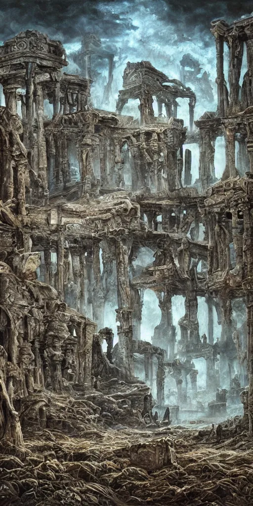 Image similar to a beautiful landscape painting, an ancient city of old bones, by sam guay, moody lighting, hyperrealism