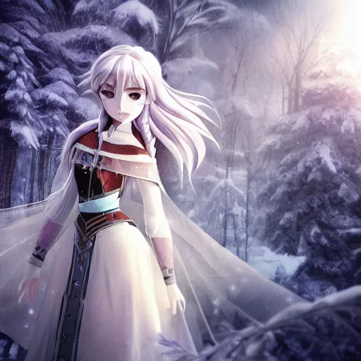 Prompt: portrait focus of knight beautiful 3D anime girl, Frozen ice armor wearing, dark forest background, snowing, bokeh, inspired by Masami Kurumada, digital painting, high contrast, unreal engine render, volumetric lighting, high détail