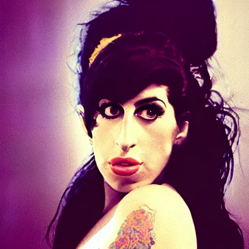 Prompt: close up headshot of Amy Winehouse, looking back over shoulder, telephoto lens, film photo, ektachrome 100, dark lit, detailed, realistic, rim light,