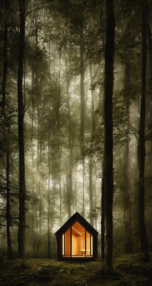 Image similar to an exquisitely designed wooden house in a lush forest, architectural photography, dark and dim lighting, beautiful, tranquil, moody, cinematic, fantasy, 3 5 mm lens, volumetric lighting, first person view, photographic render, hyper realistic