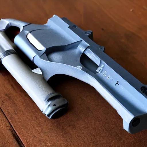 Prompt: the blueprints for a futuristic, 3 d printed revolver that takes glock mags.