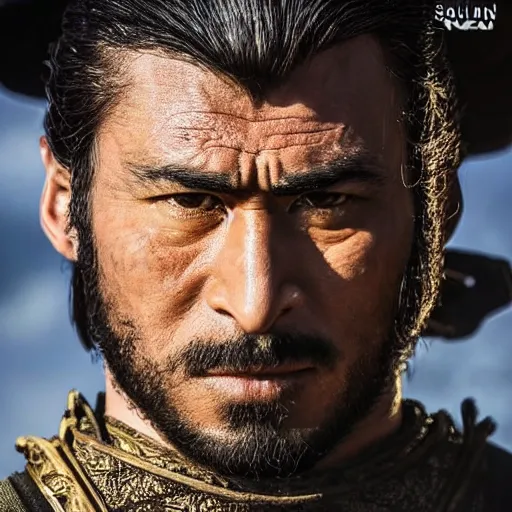 Image similar to handsome and strong! kurdish! samurai in a movie directed by christopher nolan, movie still frame, promotional image, imax 7 0 mm footage, perfect symmetrical facial features