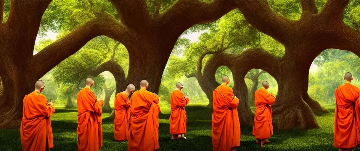 Image similar to hyperrealistic hyper detailed 35mm portrait of handsome cyborg monks praying to a giant oak tree matte painting concept art key sage jeff koons very dramatic orange lighting low angle hd 8k sharp shallow depth of field