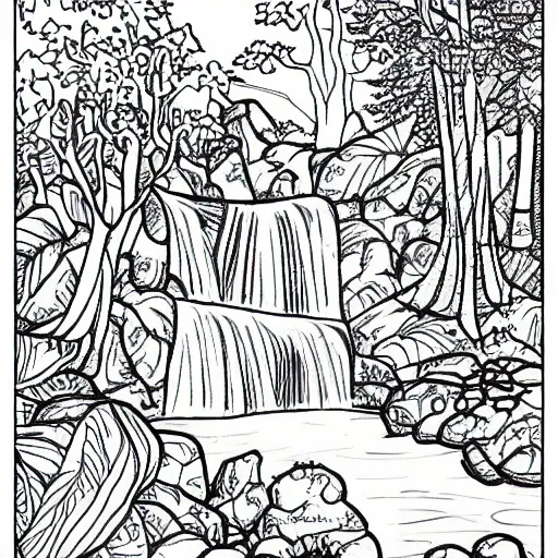 Image similar to an adult coloring page of a waterfall in the enchanted forest