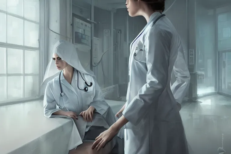 Image similar to a poster of emergency room, an elegant and beautiful female doctor in a white coat, cinematic, highly detailed, digital painting, artstation, concept art, matte, sharp focus, illustration, industrial light, art by artgerm and greg rutkowski