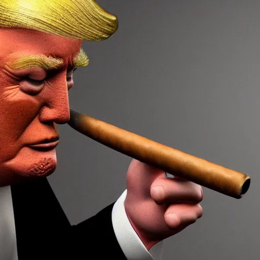 Image similar to a high quality photo of donald trump smoking a cigar, 3d scene, render, ultra realistic, artstation, cgsociety