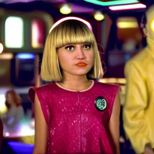 Image similar to young hannah montana as a dabo girl in quark's bar on deep space nine, 3 5 mm photography, highly detailed, cinematic lighting, 4 k