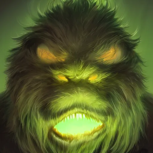 Prompt: epic hairy monster covered in fur with glowing green eyes, concept art, digital character art, artstation, cgsociety