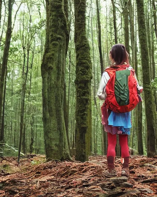 Image similar to Girl wearing backpack and adventure clothes standing in a forest, by Donglu Yu.