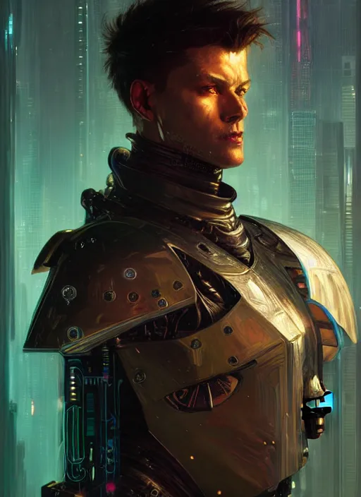 Prompt: portrait of a handsome cyberpunk knight man, beautiful symmetrical face, fantasy, regal, by stanley artgerm lau, greg rutkowski, thomas kindkade, alphonse mucha, loish, norman rockwell.