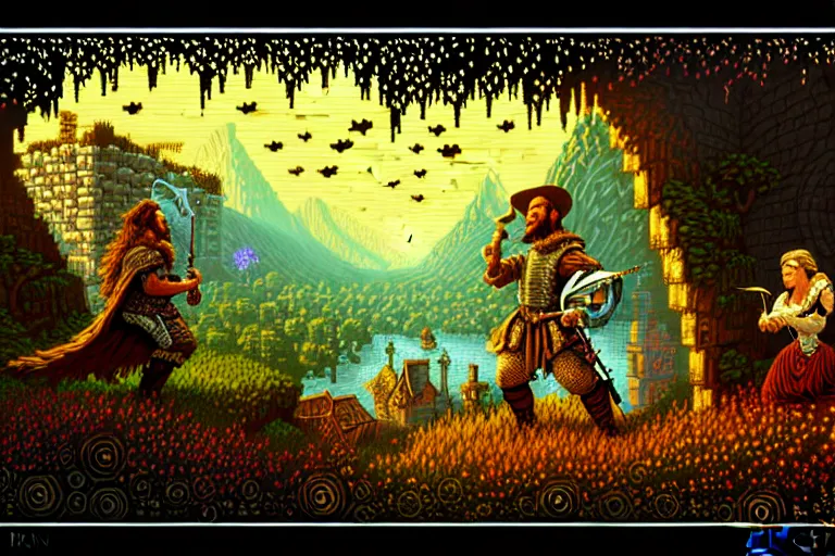 Image similar to the bard's tale, beautiful detailed pixelart by albertov, intricate details, beautiful, dithered gradients, volumetric lighting, cgsociety, artstation, smooth, sharp focus, 2 d illustration, amazing art by dan mumford, old school computer game graphics, pixel art