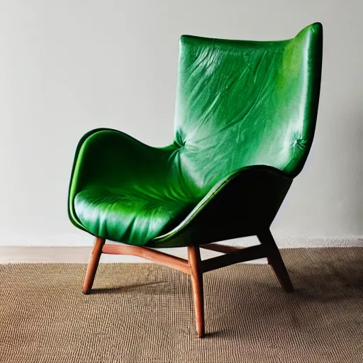 Image similar to an avacado chair, an armchair that looks like an avacado with green leather and seed yolk, award winning design, studio lighting, advanced photography, beautifully lit