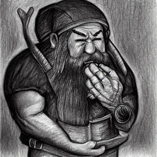 Image similar to dwarves miner digging through his nose looking for gold pencil drawing