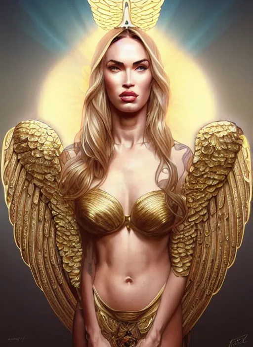 Image similar to portrait of megan fox as an blonde angel, blonde hair, wings, bible, corona, gold, jewelry, intricate, headshot, highly detailed, digital painting, artstation, concept art, sharp focus, cinematic lighting, illustration, art by artgerm and greg rutkowski, alphonse mucha, cgsociety