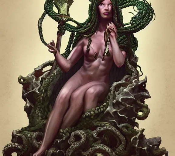 Image similar to medusa on a throne. trending on artstation.