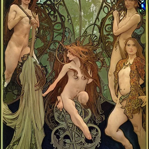 Prompt: a monsterous scary inhuman group of fully clothed fae with animalistic features by alphonse mucha and brian froud