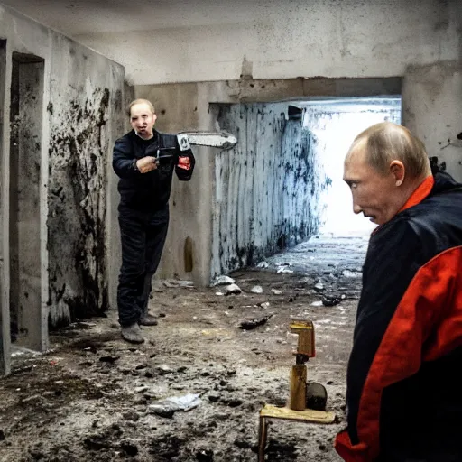 Image similar to putin with a chainsaw and a corpse. in a concrete bunker. focus on putins face with blood splatters. canon eos r 3, f / 1. 4, iso 1 6 0 0, 1 / 8 0 s, 8 k, raw, grainy