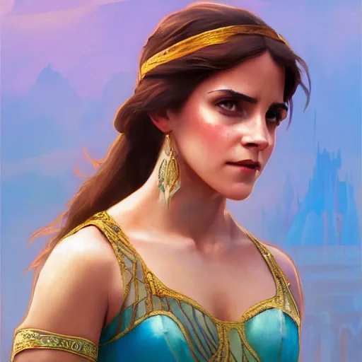 Image similar to !dream Emma Watson as princess jasmine in Aladdin, digital painting, artstation, concept art, sharp focus, illustration, art by greg rutkowski and alphonse mucha, highly detailed