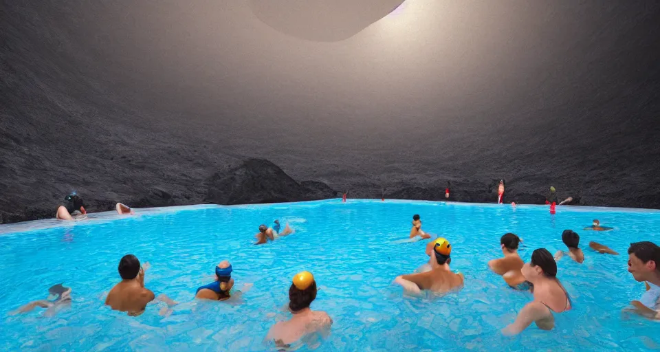 Image similar to swimming pool inside a volcano. Instead of water, there is lava and people are swimming and playing inside. 4k, high detail, volumetric lighting