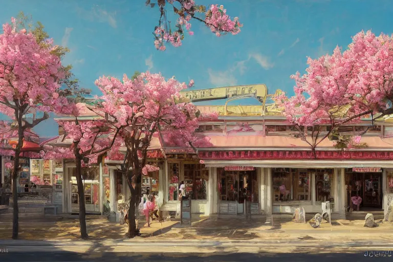 Prompt: painting of waffle house front view, rococo style, greek architecture, pink marble building, sakura trees, sakura season dynamic lighting, landscape, artwork by jeremy lipkin and giuseppe dangelico pino and michael garmash and rob rey and greg manchess and huang guangjian and makoto shinkai, pixiv, 1 0 0 mm