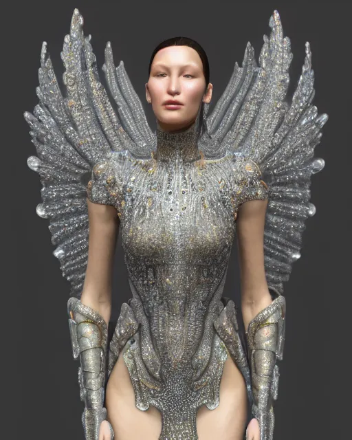 Prompt: a highly detailed metahuman 4 k close up render of a bella hadid as archangel monument renaissance in iris van herpen dress schiaparelli in diamonds crystals swarovski and jewelry iridescent in style of alphonse mucha gustav klimt trending on artstation made in unreal engine 4