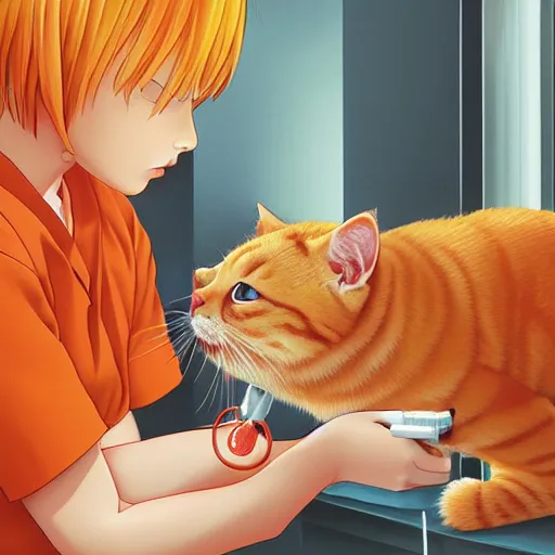 Prompt: an orange tabby cat starting at a syringe at the vet by ilya kuvshinov katsuhiro otomo