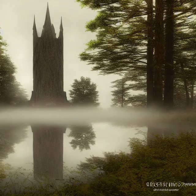 Prompt: a tower emerging from a lake, fog, fir trees, dramatic atmosphere, gloomy, yellow light in the clouds, medieval adventurers in lord of the rings scenery landscape, reflections, highly detailed, cinematic lighting, perfect composition, 4 k, gustave dore, derek zabrocki, greg rutkowski, belsinski, octane render