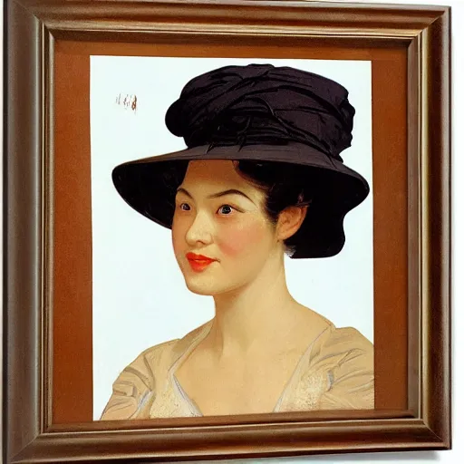 Prompt: frontal portrait of a woman wearing an asian conical hat, by j. c. leyendecker