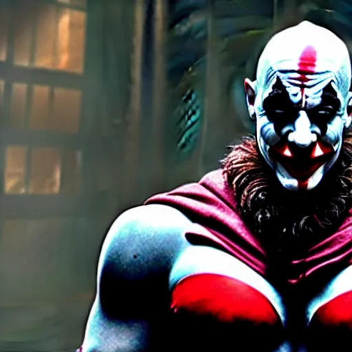 Image similar to film still of kratos as the joker in the new batman movie