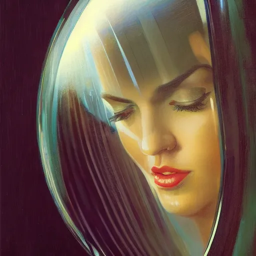 Image similar to detailed face of a woman, lush, opulent, enclosed, utopian, tech noir, wet reflections, prism, atmospheric, ambient, pj crook, syd mead, livia prima, artgerm, greg rutkowski, nick alm, casey baugh