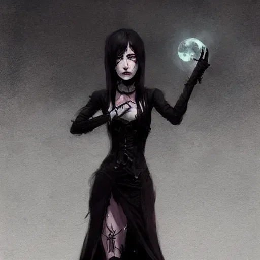 Prompt: female goth human vampire witch in the style of greg rutkowski, makoto shinkai, trending on artstation, character design, concept art, pretty face, highly detailed, digital art