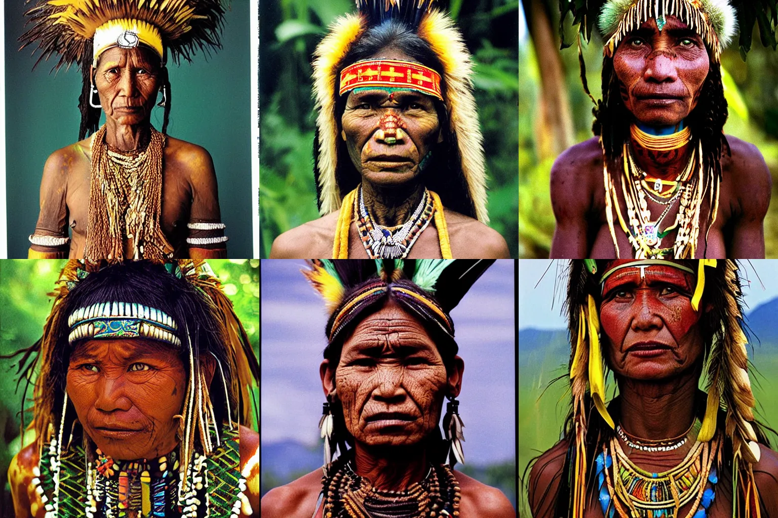 Prompt: portrait photo of the tribe priestess from Amazon and Papua, full color magazine article by National Geographic (1998)