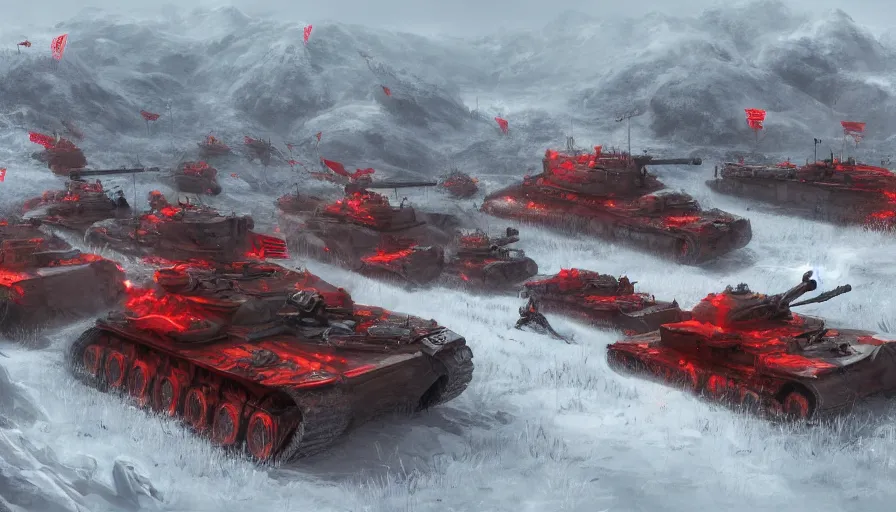 Image similar to red army on a hill lined with allied red tanks, dnd, fantasy, hyperdetailed, artstation, cgsociety, 8 k