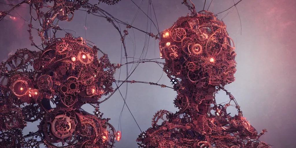 Image similar to a female saints rose robot head made of gears and wires is flying in the fantasy forest by merriam, daniel, intricate mechanical details, futuristic, 2 k aesthetic, dramatic lighting, concept art, 4 k, 3 d octane render, pink and red colors, provenance, detailed, trending on artstation