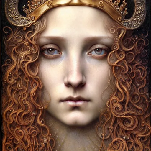 Image similar to detailed realistic beautiful young medieval queen face portrait by jean delville, tom bagshaw, brooke shaden, gustave dore and marco mazzoni, art nouveau, symbolist, visionary, gothic, pre - raphaelite, ornate gilded medieval icon, surreality, ethereal, unearthly, haunting, celestial, neo - gothic, ghostly, memento mori, nightmare, medium shot