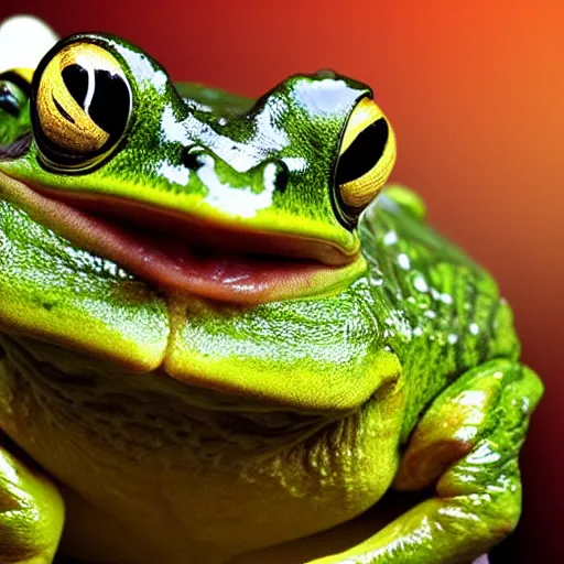 Image similar to frog livestreaming behind its computer to twitch, while sitting on a throne in a beautiful forest