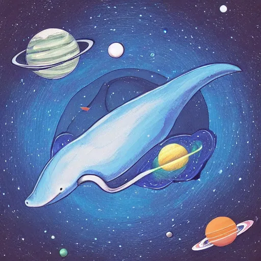 Image similar to a blue whale swimming in space among the stars and planets