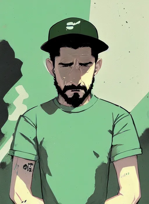 Image similar to highly detailed closeup portrait of very serious staring shia lebouf, flexing arms by atey ghailan, by greg rutkowski, by greg tocchini, by james gilleard, by joe fenton, by kaethe butcher, gradient green, black and white color scheme, grunge aesthetic!!! ( ( graffiti tag wall background ) )