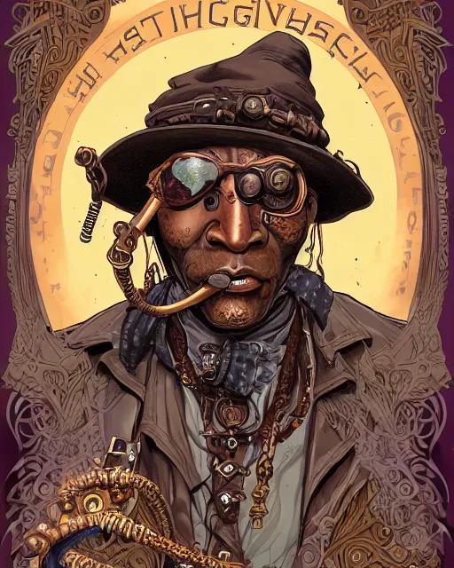 Prompt: a detailed portrait illustration of a steampunk witch - doctor. rugged black male face. fat, muscular. art nouveau, pop art, comic book style. influenced by neil gaiman, h. p. lovecraft, dan mumford, boris vallejo, vadim voitekhovitch, killian eng, ross tran.