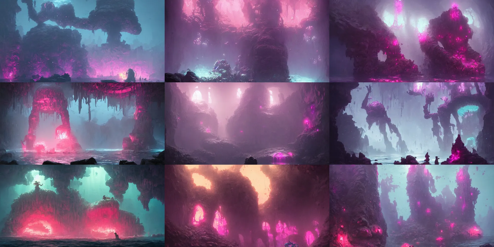 Prompt: underwater giant golem made of crystal, bright pink purple lights, watery caverns, d & d, art by greg rutkowski
