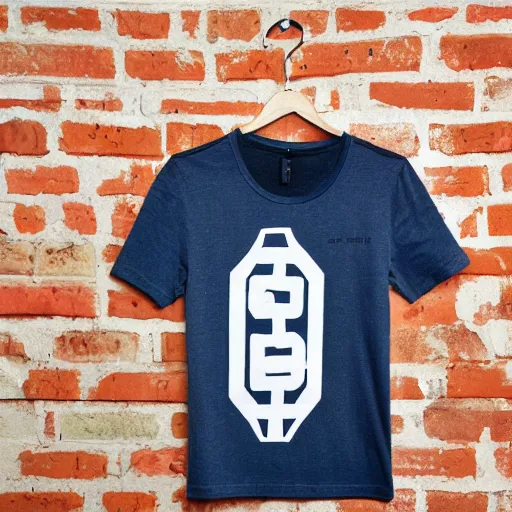 Image similar to a t shirt with unique design in a hanger in front of a brick wall, warmly lit photograph, product photography