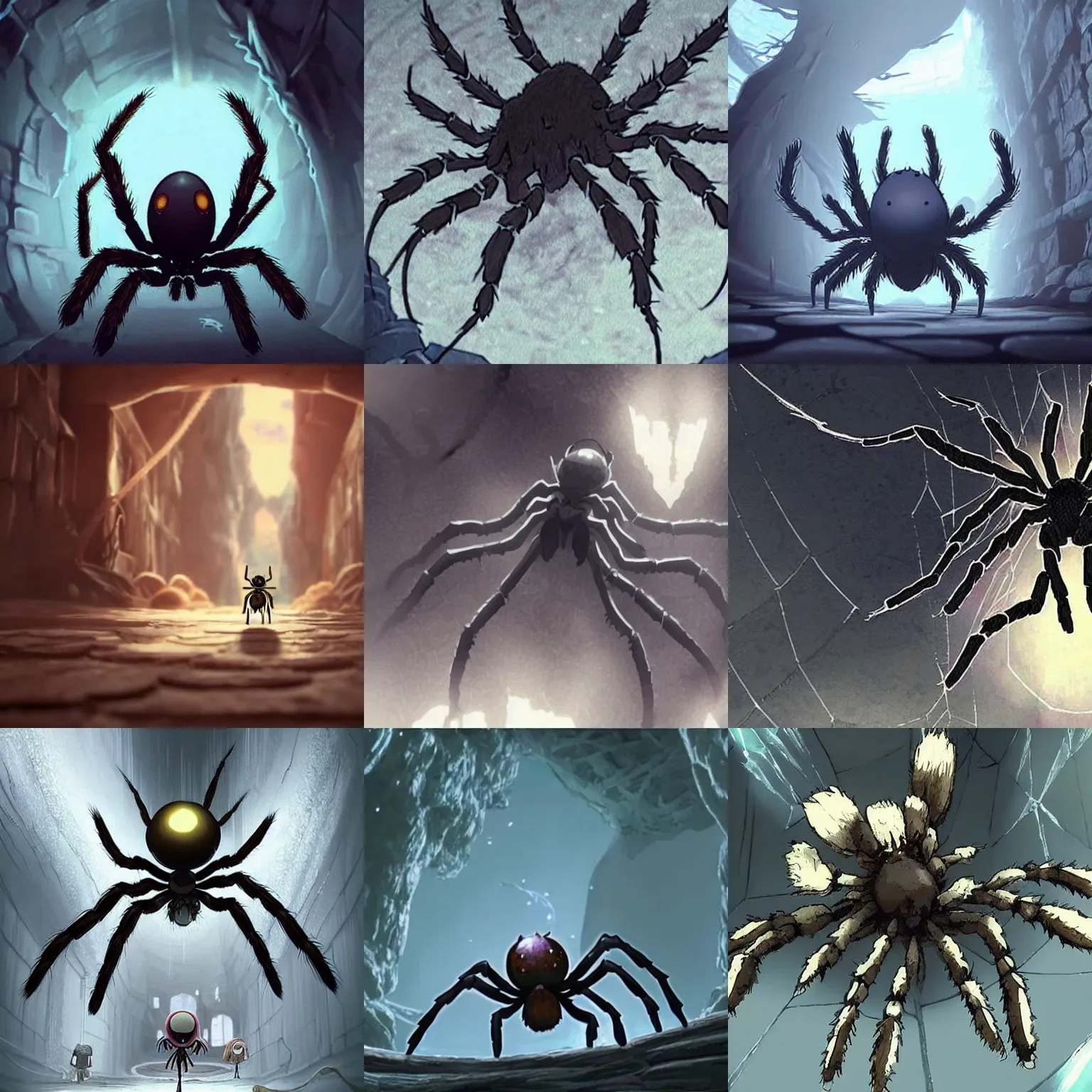 Prompt: “a giant spider in a white hallway in the Made in Abyss anime”